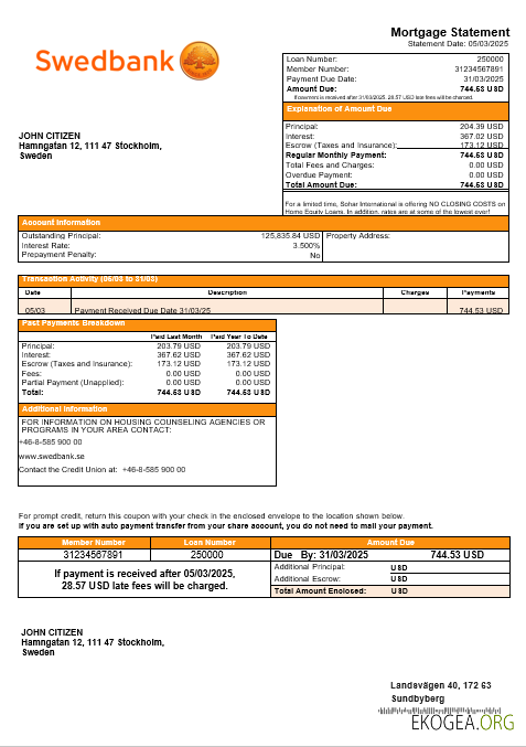 Relevé hypothécaire de la banque suédoise Swedbank aux formats Word et PDF